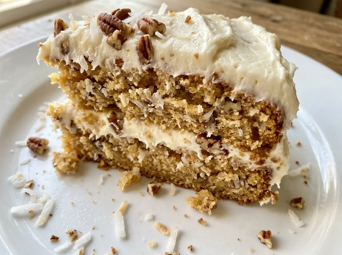 Italian Cream Cheese Cake frosted coconut layers