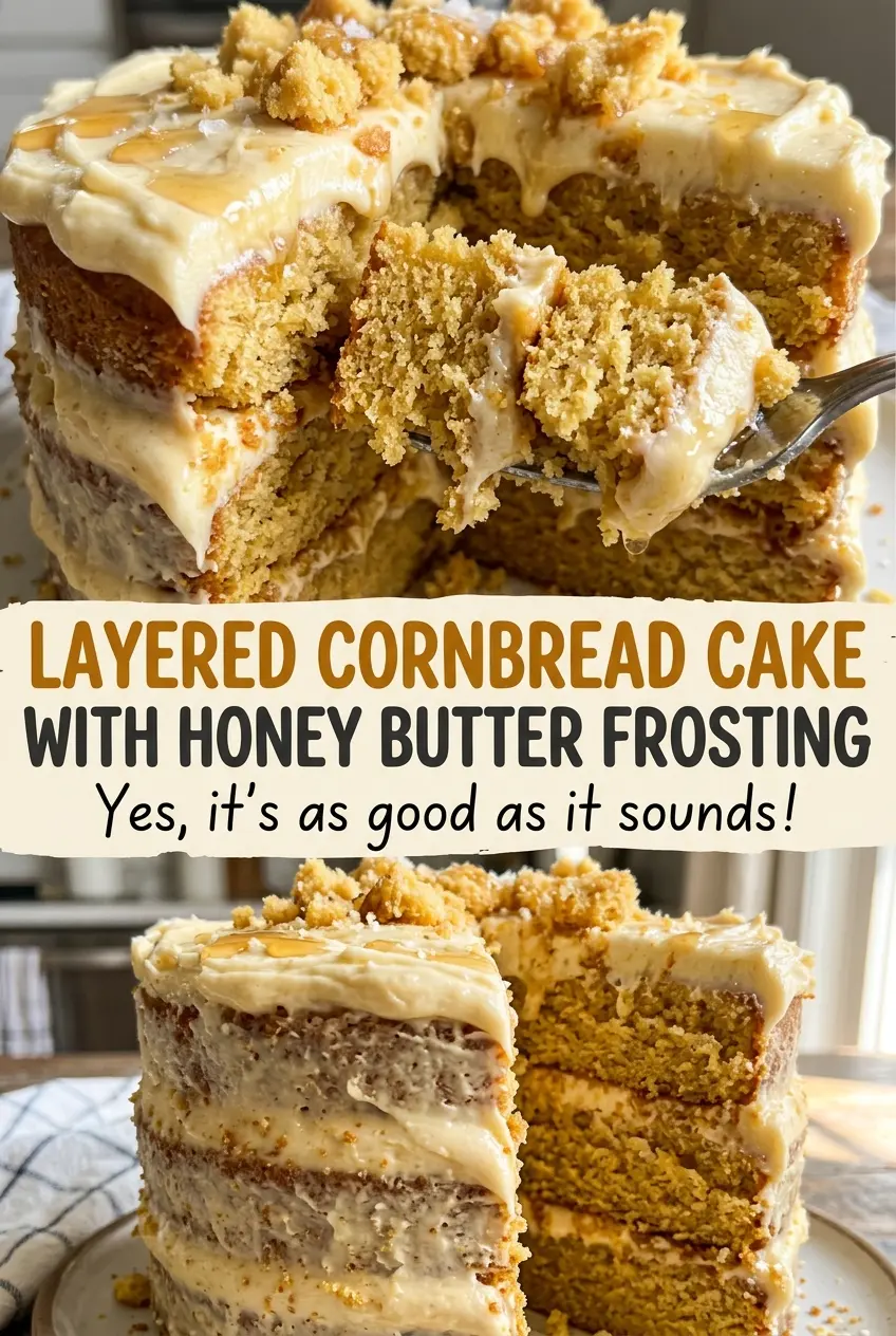 Layered Cornbread Cake with Honey Butter Frosting soft golden layers