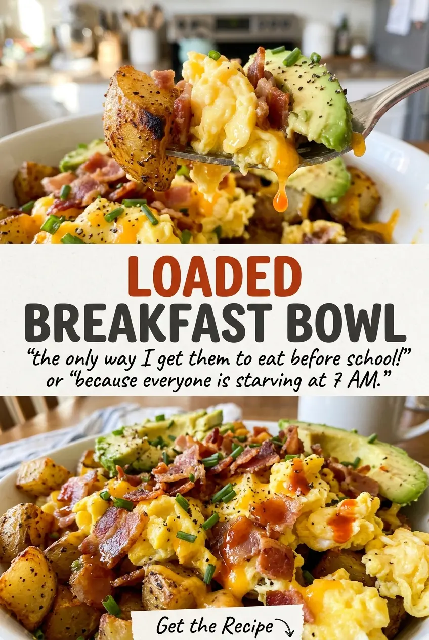 Loaded Breakfast Bowl with sausage, eggs, and golden potatoes