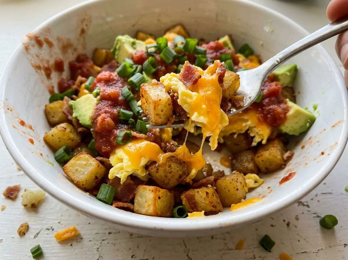 Loaded Breakfast Bowl with browned potatoes and creamy avocado
