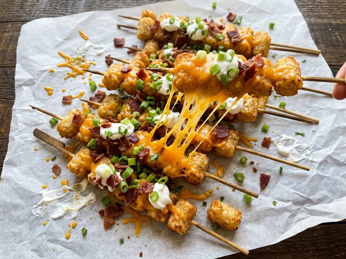 Loaded Tater Tot Skewers golden cheesy crisp