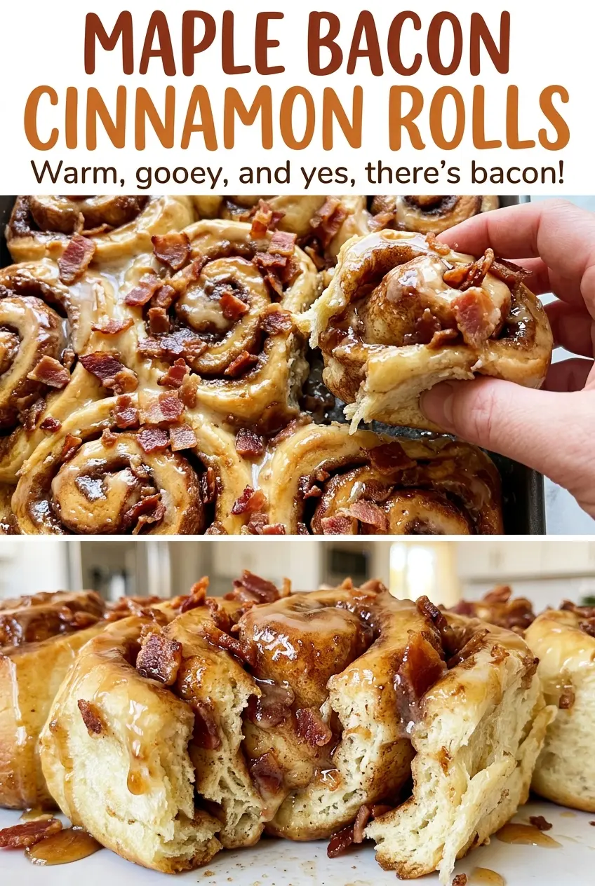 Maple Bacon Cinnamon Rolls, golden and iced