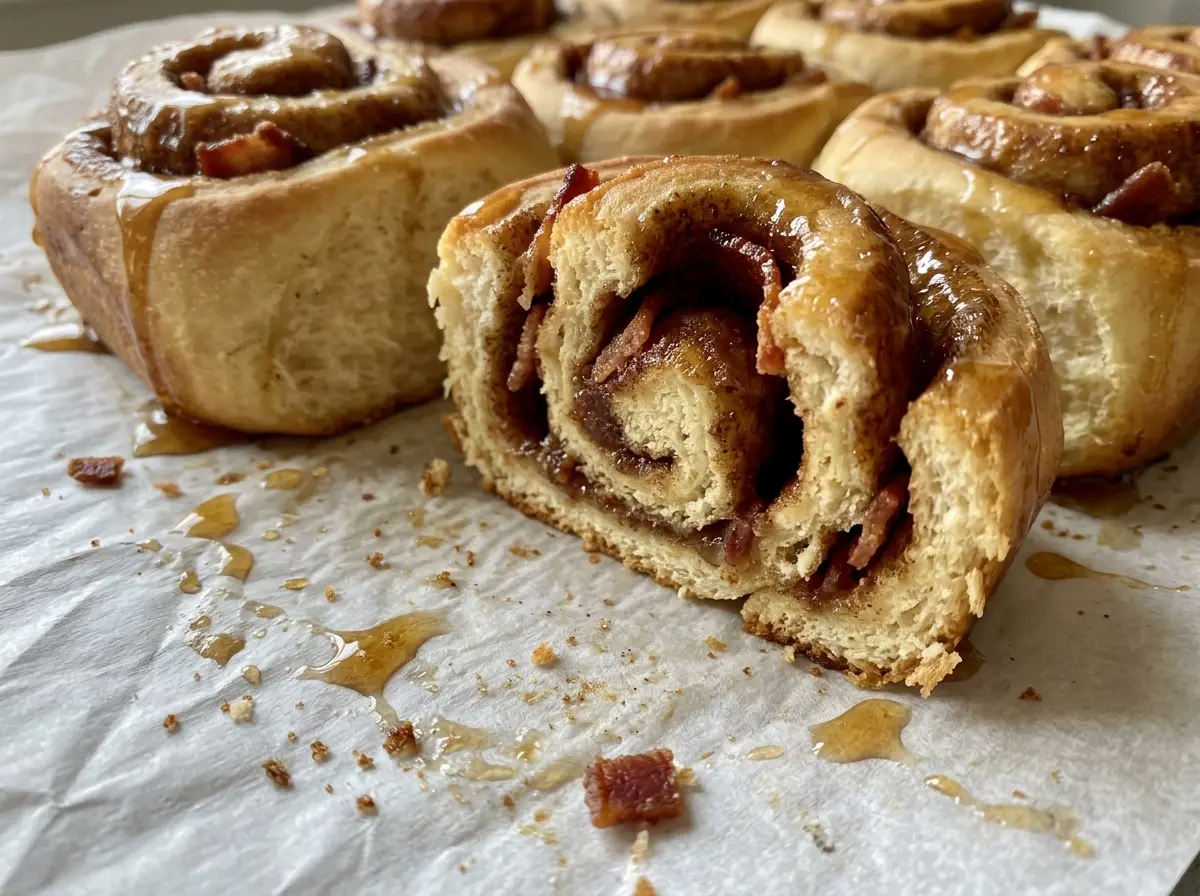 Maple Bacon Cinnamon Rolls with glossy icing