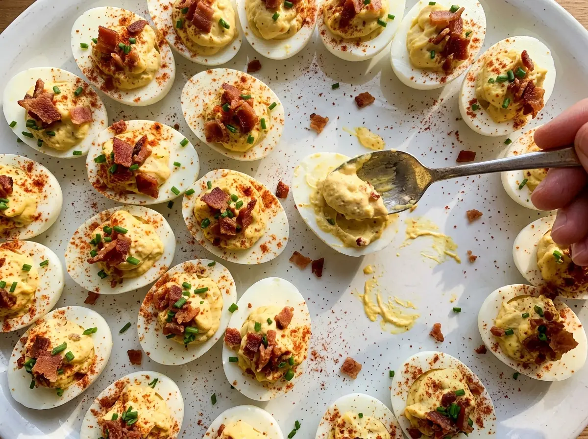 Million Dollar Deviled Eggs creamy bacon topping