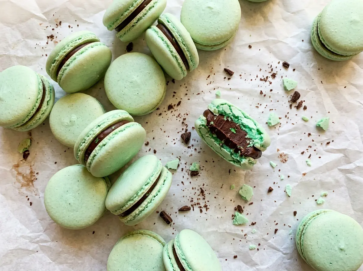 Mint Chocolate Macarons with green shells and chocolate filling