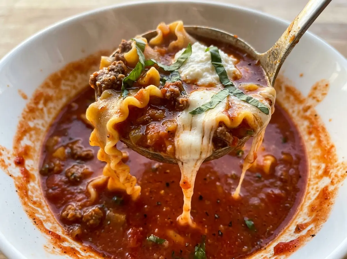 One Pot Lasagna Soup cheesy tomato broth