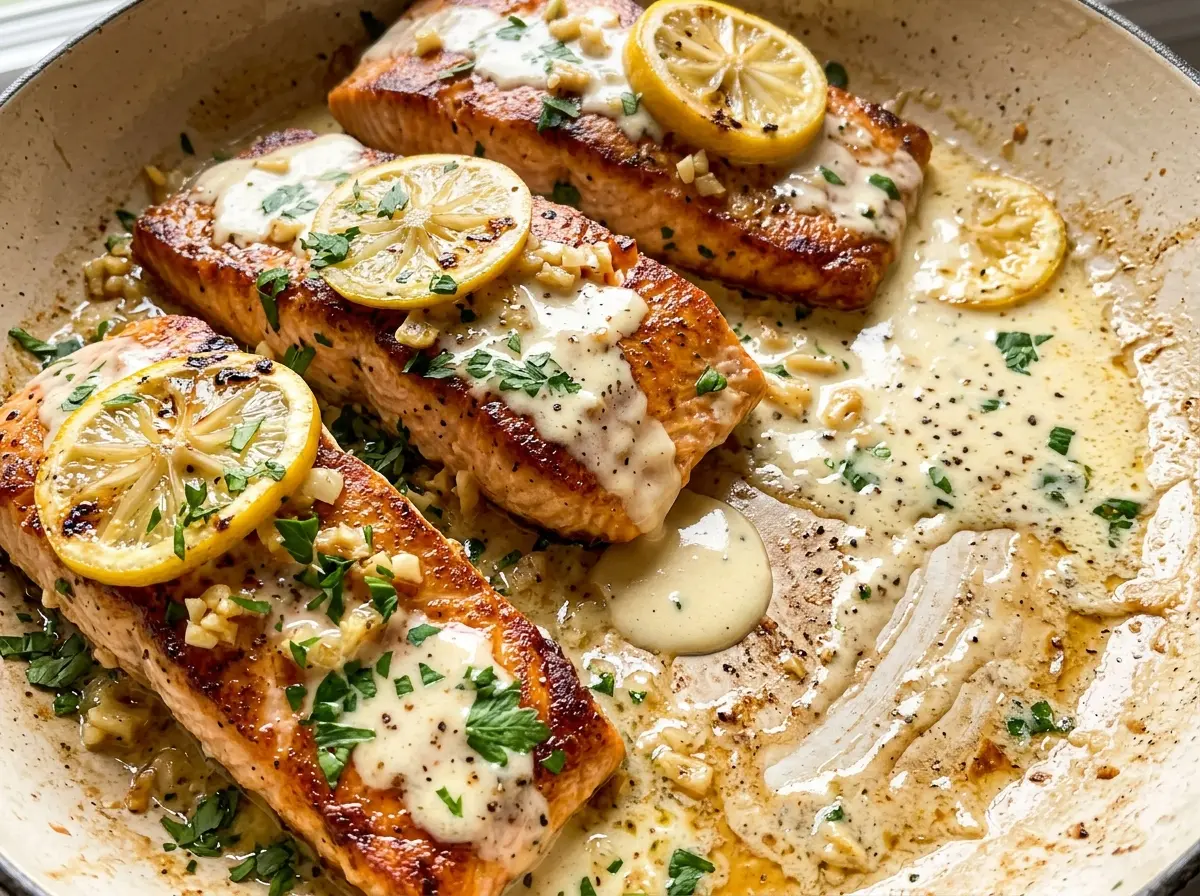 Pan Seared Salmon with Lemon Garlic Cream Sauce, crisp golden fillets