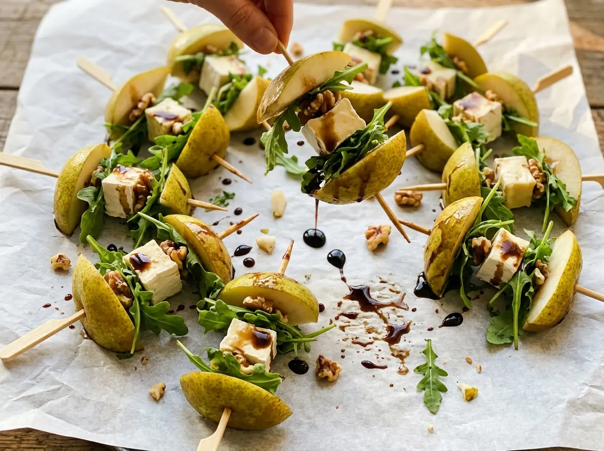 Pear and Brie Salad Skewers with balsamic drizzle and toasted pecans