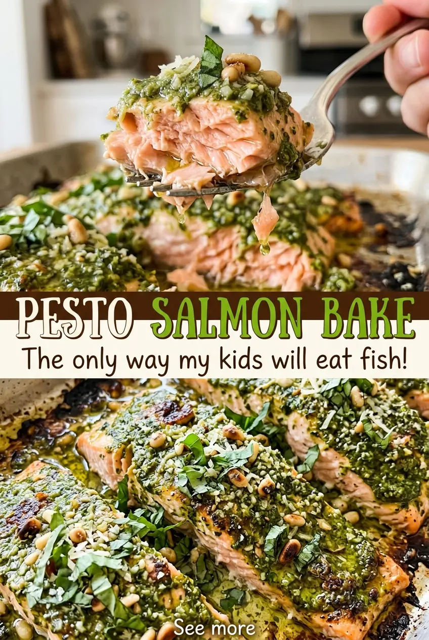 Pesto Salmon Bake with herby, flaky fillets