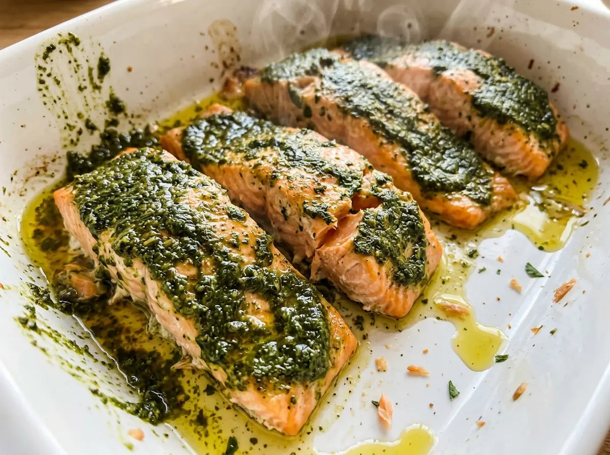 Pesto Salmon Bake with herby, flaky fillets