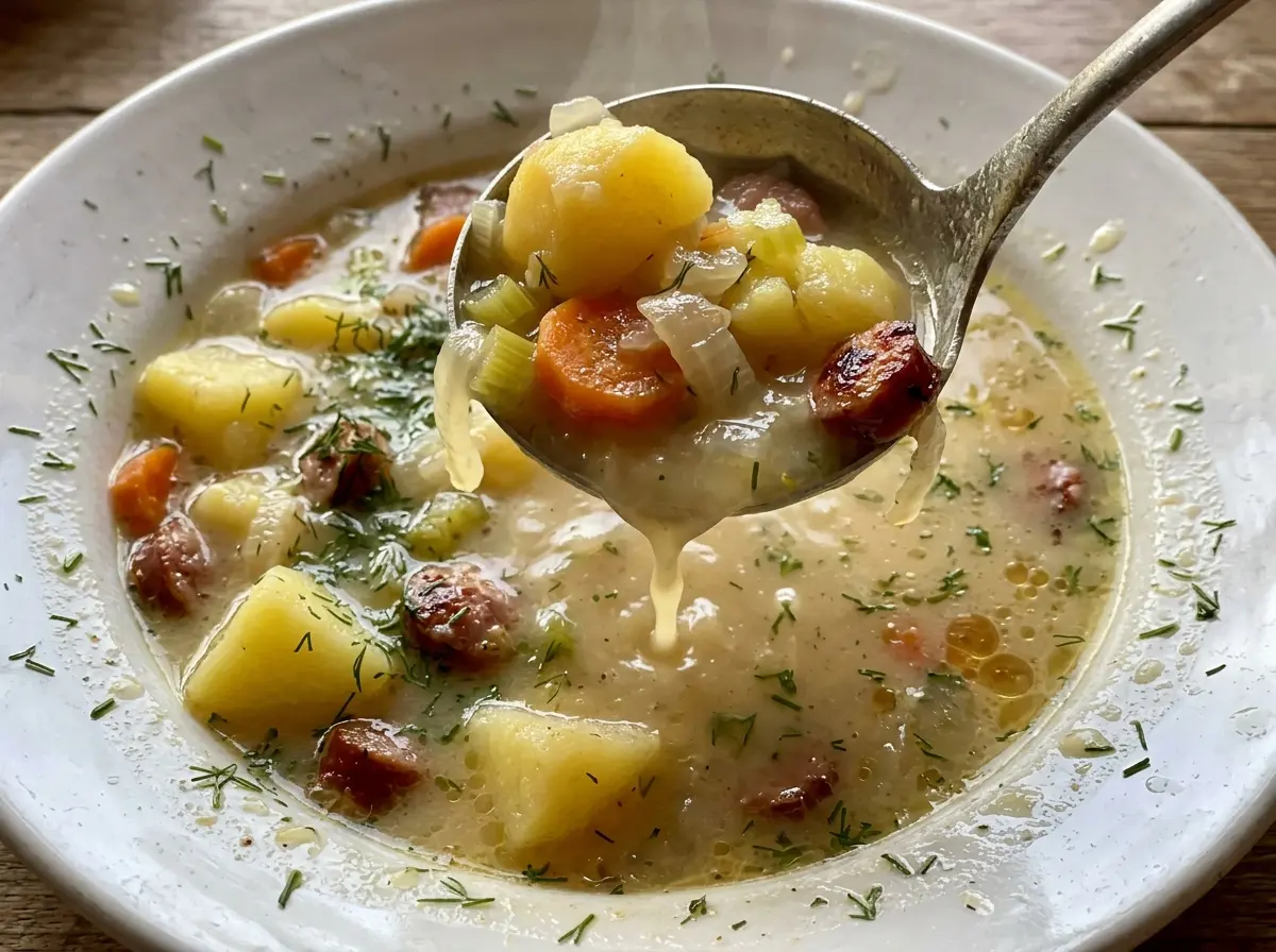 Polish potato soup with kielbasa and dill