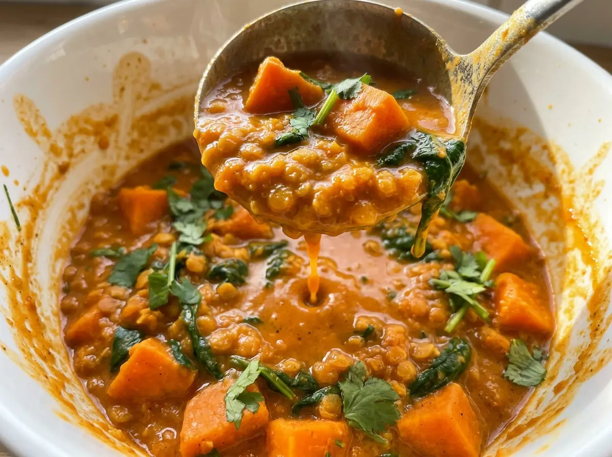 Red Lentil Sweet Potato Curry with creamy golden sauce