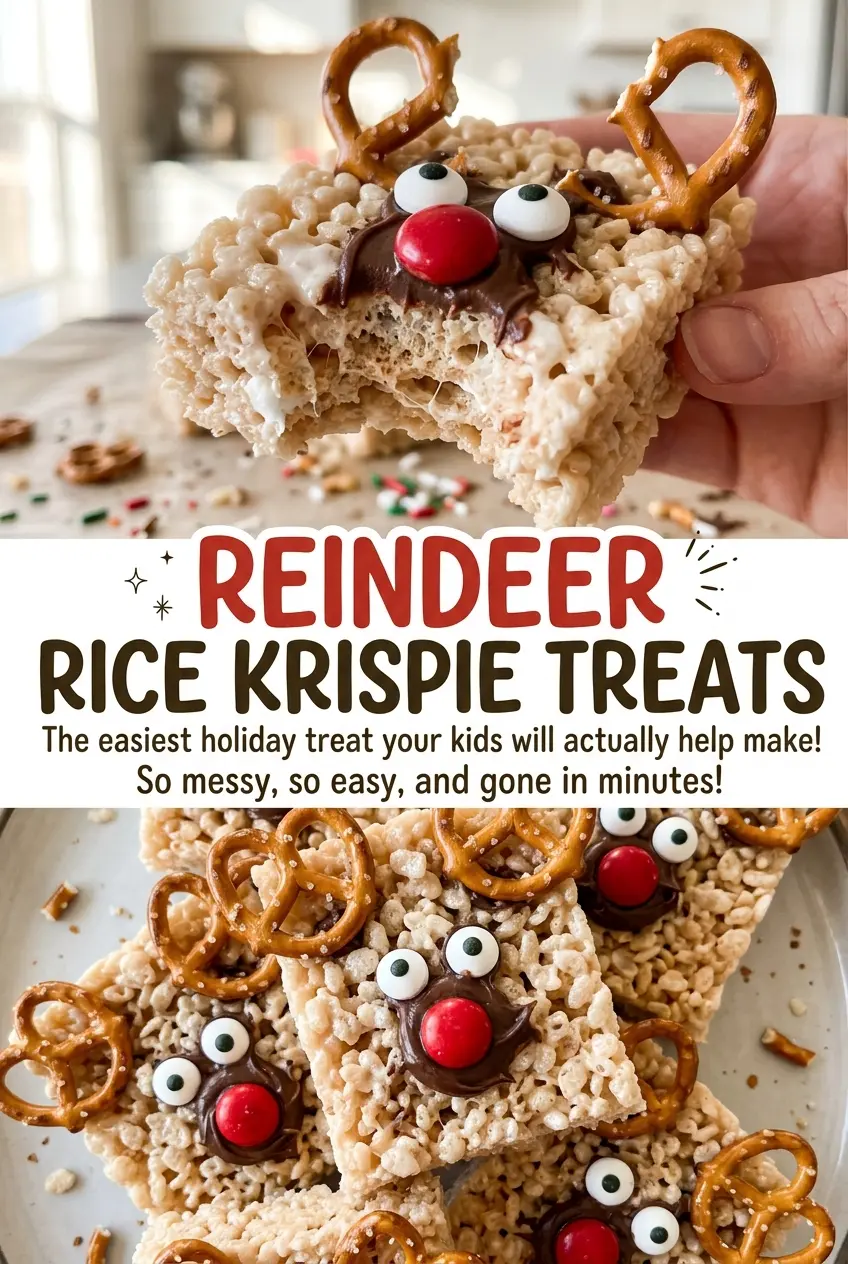 Reindeer Rice Krispie Treats with pretzel antlers