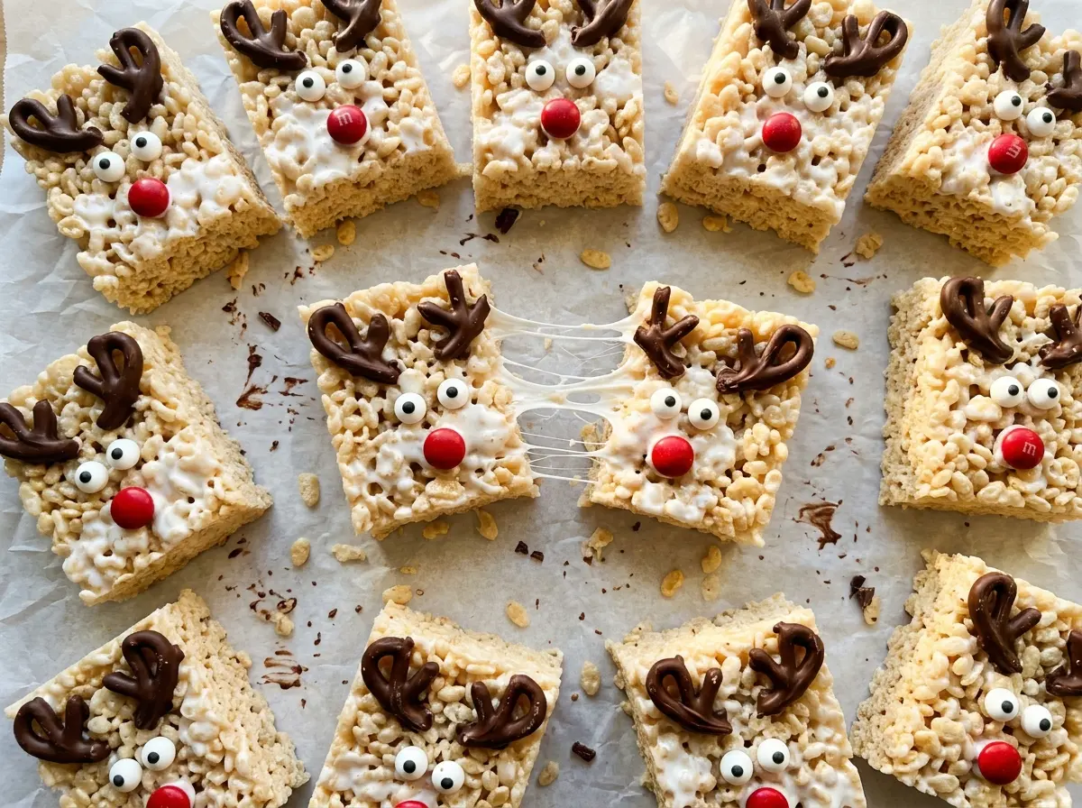 Reindeer Rice Krispie Treats with candy faces
