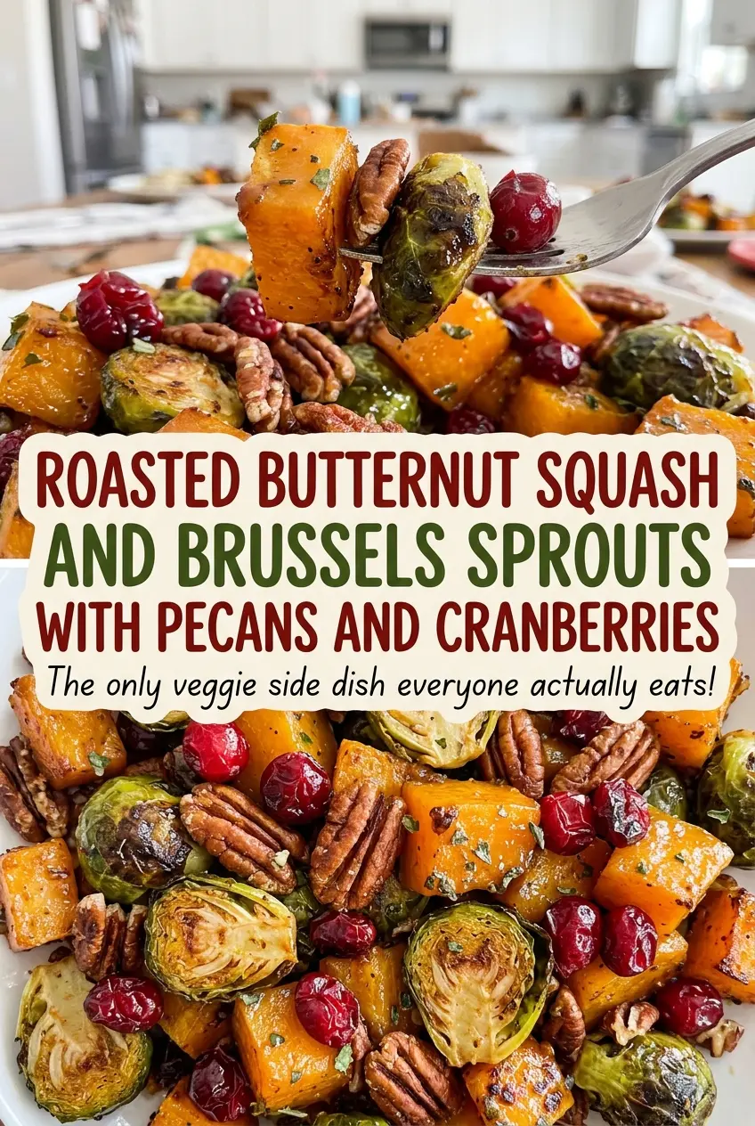 Roasted butternut squash and Brussels sprouts with pecans and cranberries, warm golden vegetables