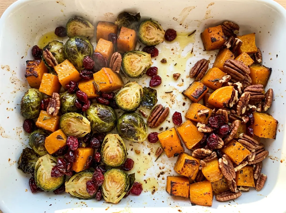 Roasted butternut squash and Brussels sprouts with pecans and cranberries, browned edges