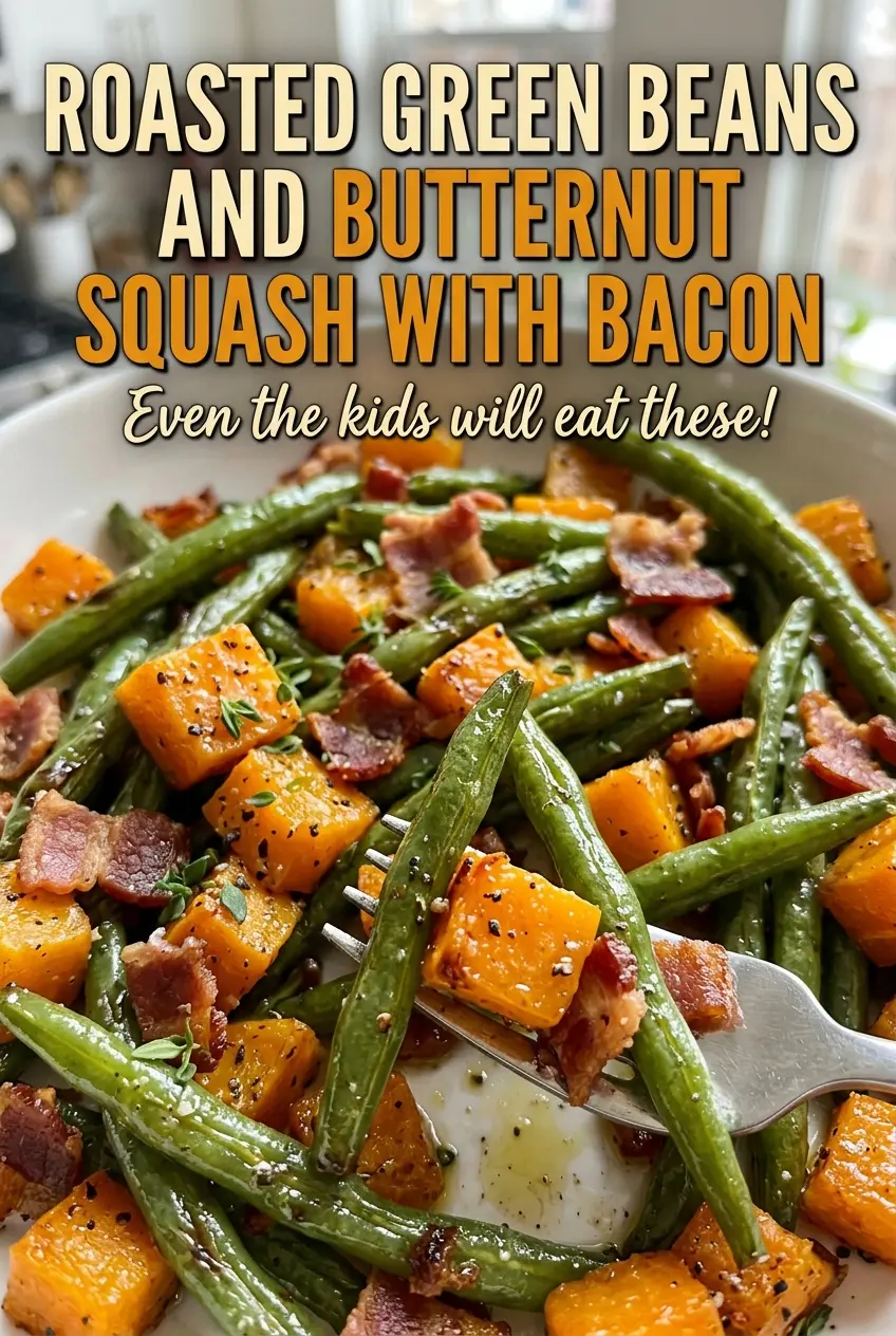 Roasted Green Beans and Butternut Squash with Bacon, crisp bacon
