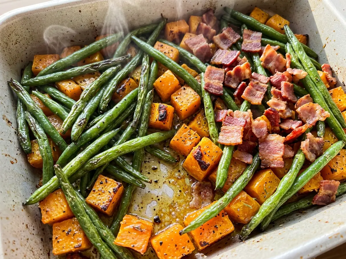 Roasted Green Beans and Butternut Squash with Bacon, browned vegetables