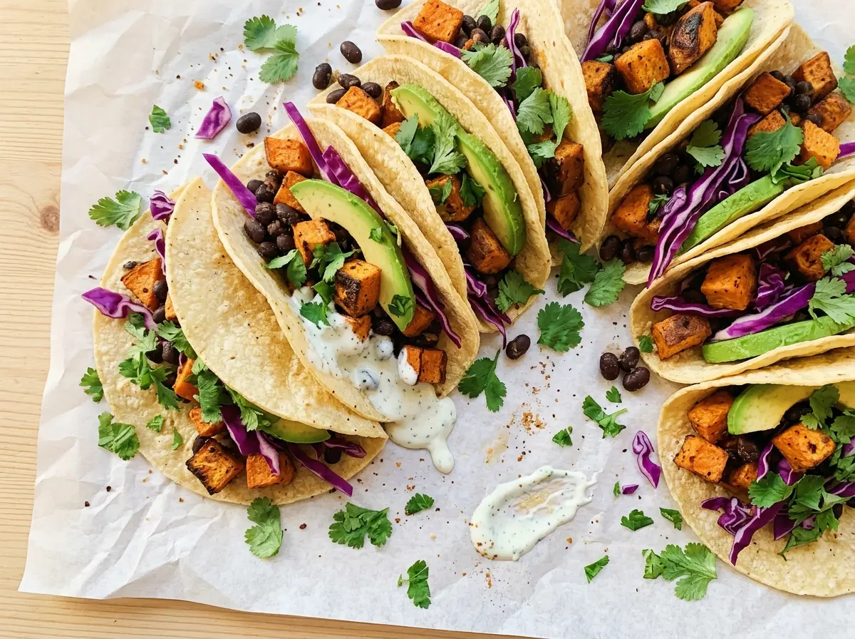Roasted Sweet Potato Tacos with browned potatoes