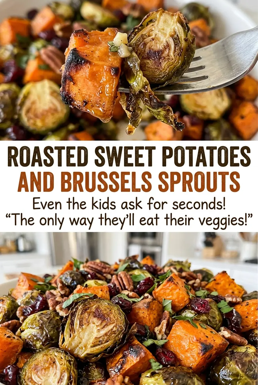 Roasted sweet potatoes and Brussels sprouts, browned and tender
