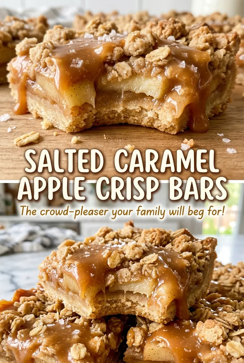 Salted Caramel Apple Crisp Bars with tender apple filling