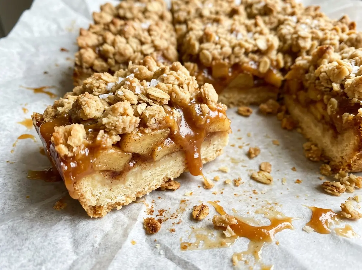 Salted Caramel Apple Crisp Bars with golden oat topping