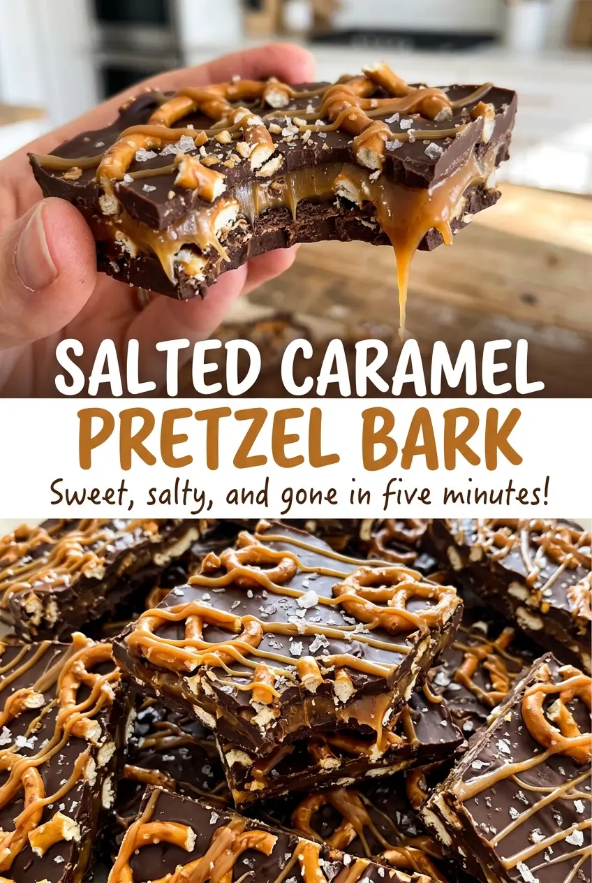 Salted Caramel Pretzel Bark with crisp pretzel pieces