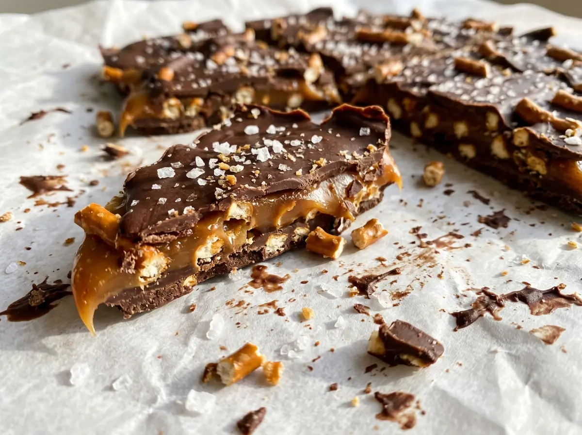 Salted Caramel Pretzel Bark with glossy chocolate