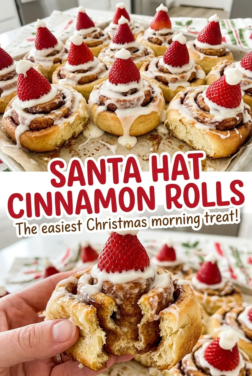 Santa Hat Cinnamon Rolls piped holiday hats