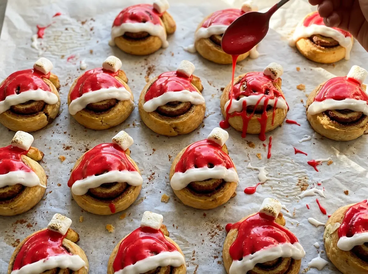 Santa Hat Cinnamon Rolls golden red icing
