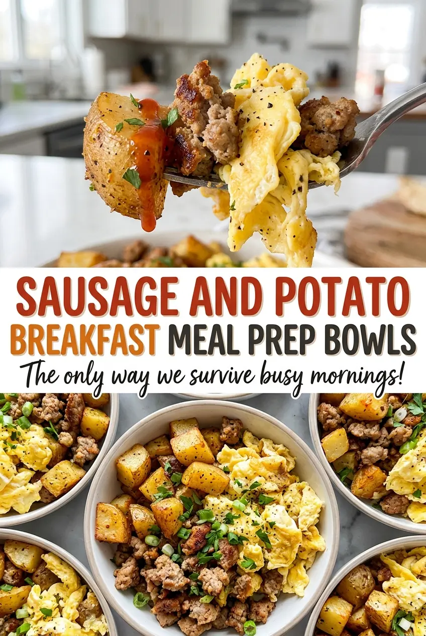 Sausage and Potato Breakfast Meal Prep Bowls with savory sausage and cheddar