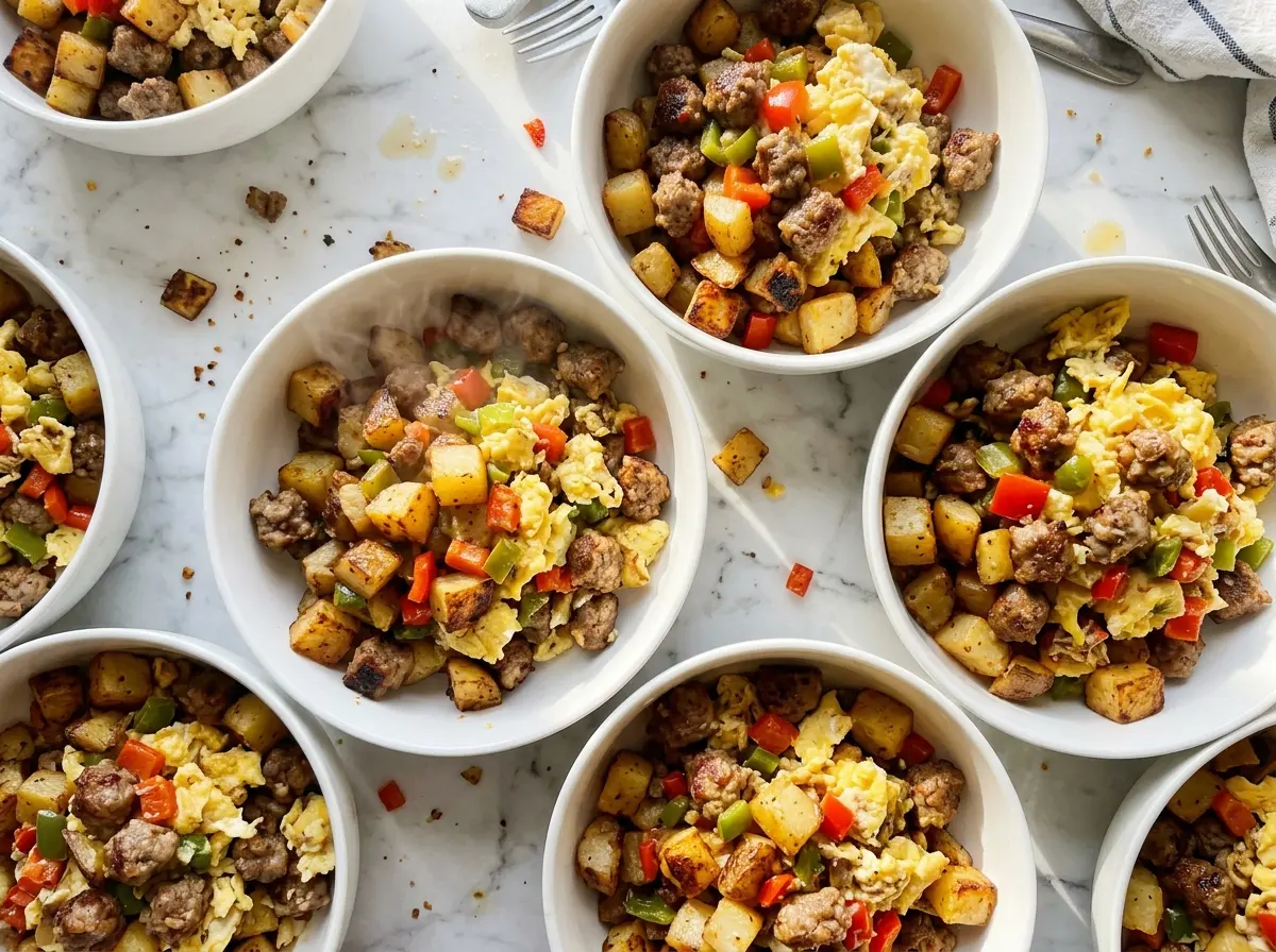 Sausage and Potato Breakfast Meal Prep Bowls with golden roasted potatoes
