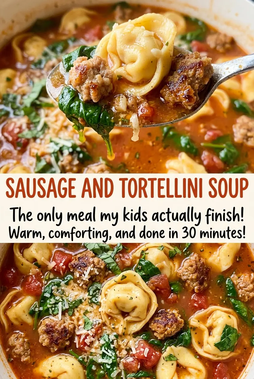 Sausage and tortellini soup with tender pasta and spinach