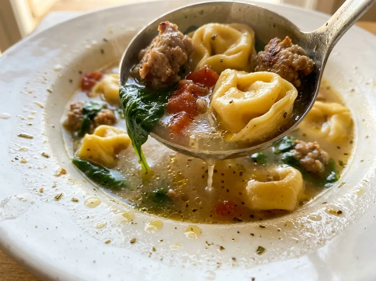 Sausage and tortellini soup with spinach and creamy broth