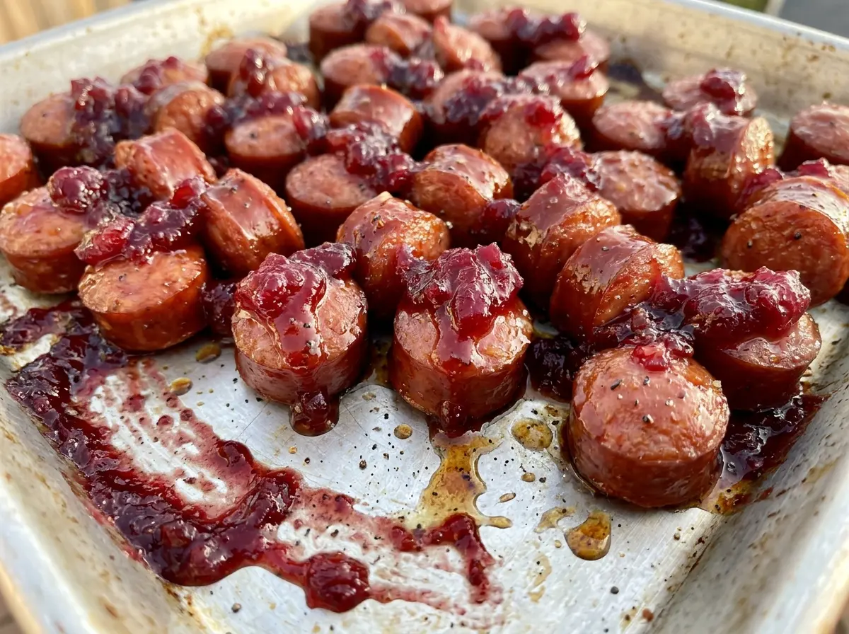 Sheet Pan Smoked Sausage Cranberry Bites with glossy cranberry glaze