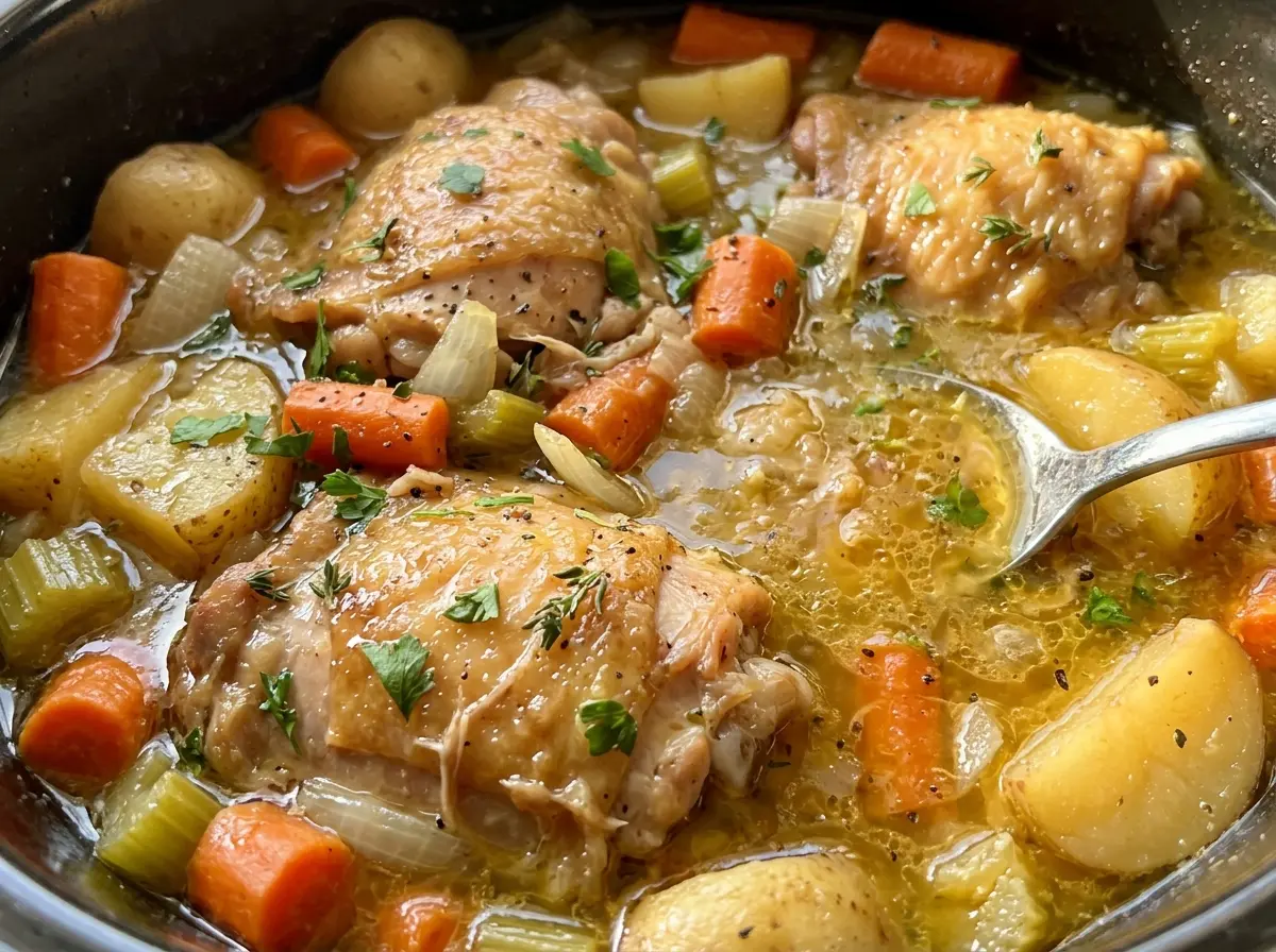 Slow cooker chicken thighs with tender vegetables