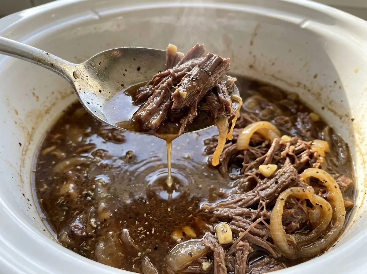 Slow Cooker French Dip Sandwiches juicy shredded beef