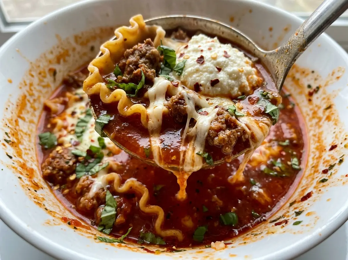 Spicy Lasagna Soup with sausage and spinach