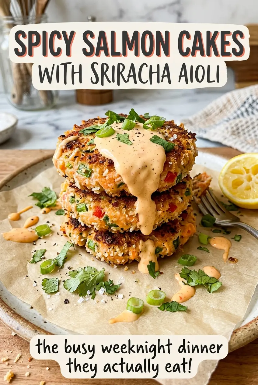 Spicy Salmon Cakes with Sriracha Aioli, golden and crisp