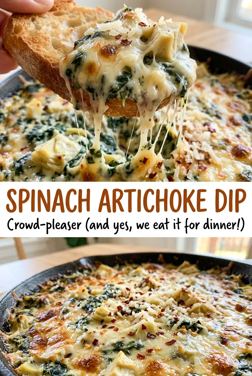 Spinach artichoke dip bubbling cheesy