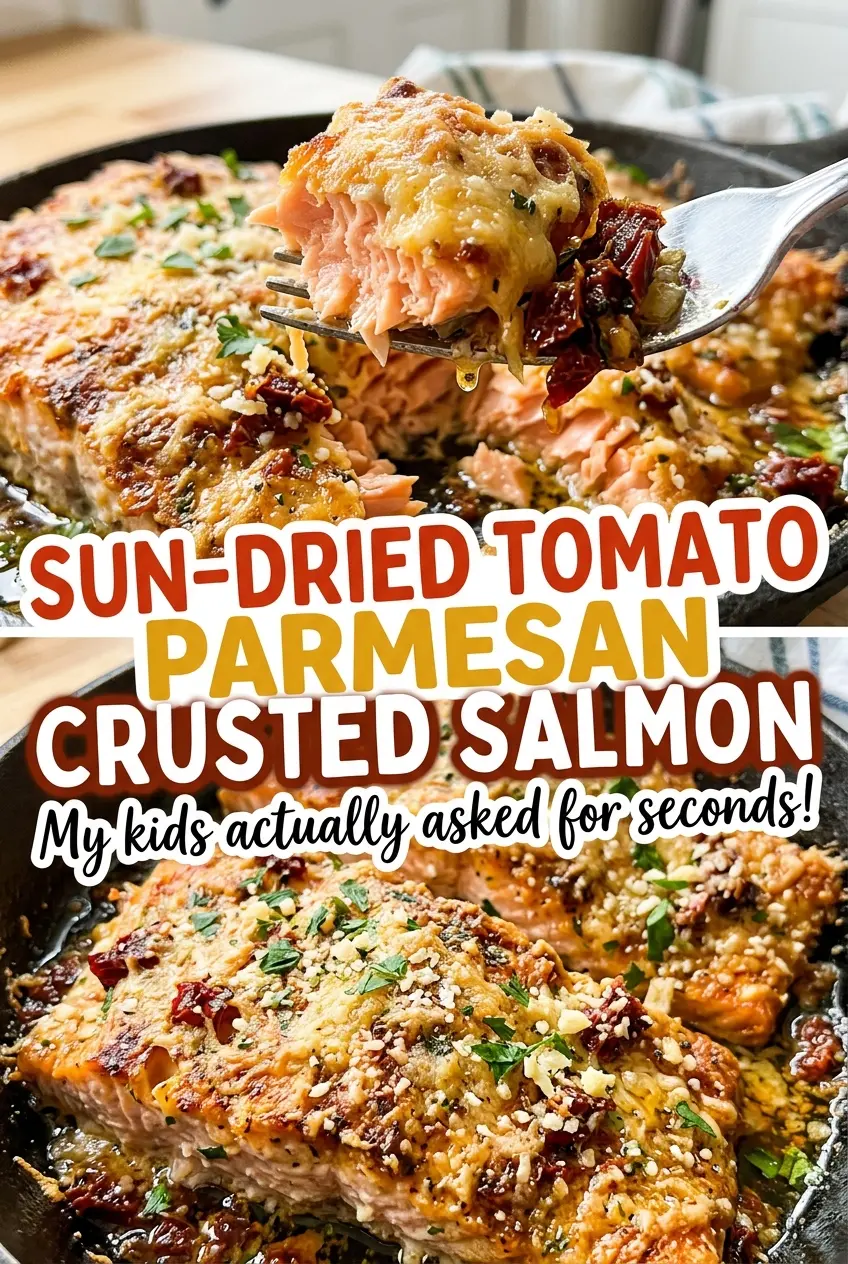 Sun-Dried Tomato Parmesan Crusted Salmon with golden, crisp crust