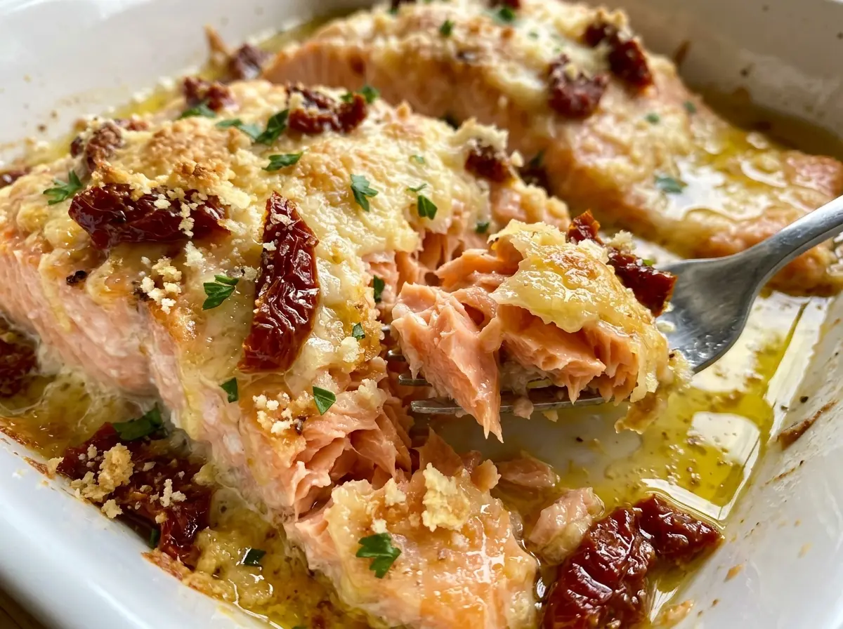 Sun-Dried Tomato Parmesan Crusted Salmon with golden, crisp crust