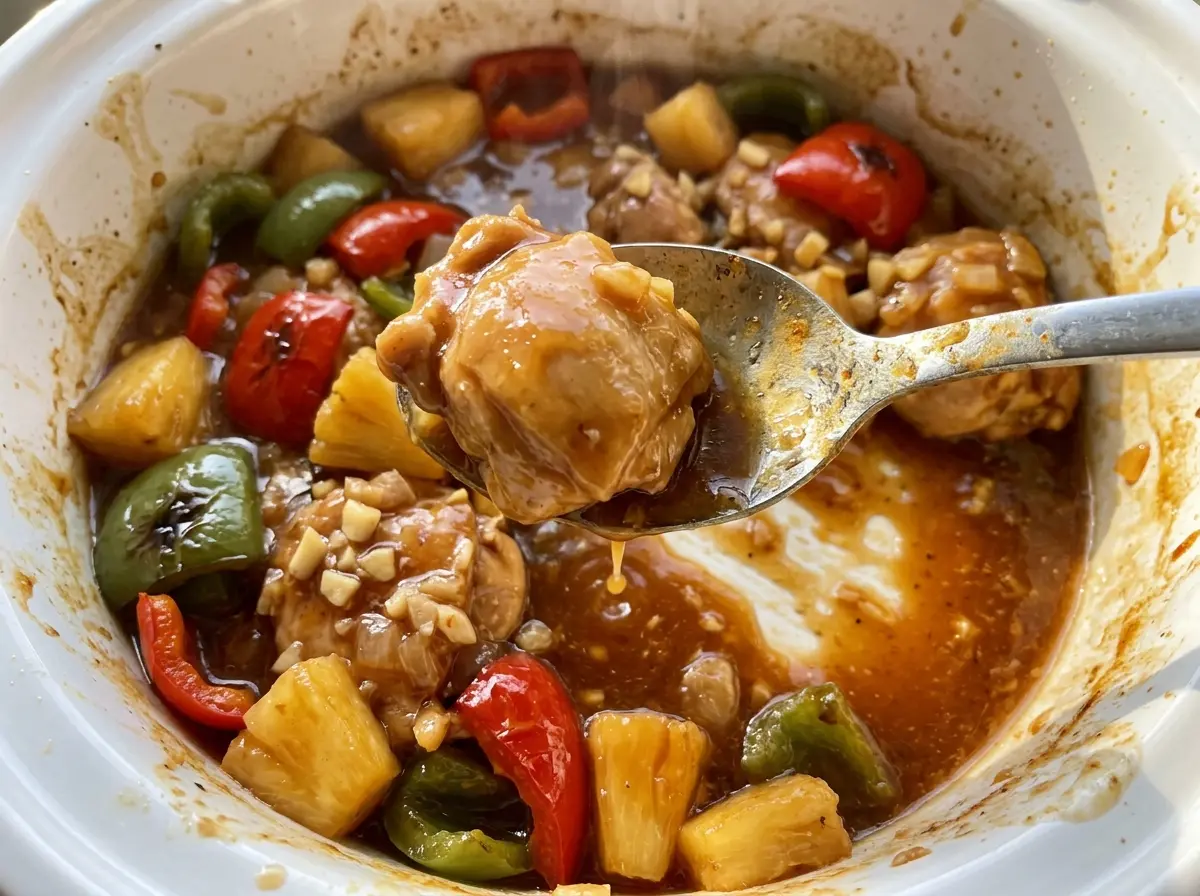 Sweet Hawaiian Crockpot Chicken with glossy pineapple sauce