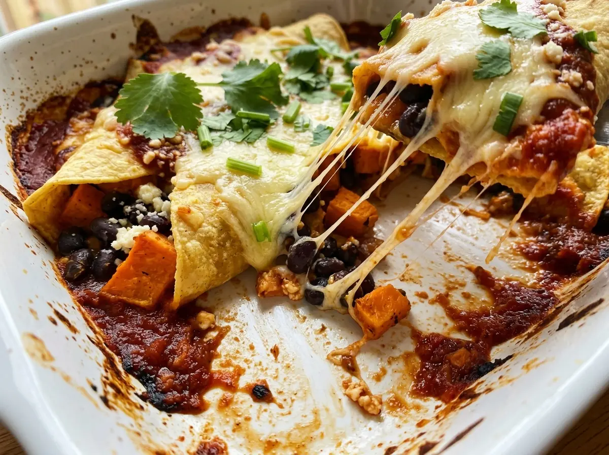 Sweet potato black bean enchiladas with bubbling cheese