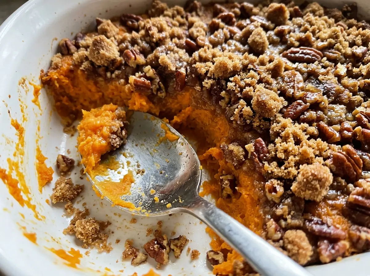 Sweet Potato Crunch Casserole golden pecan topping
