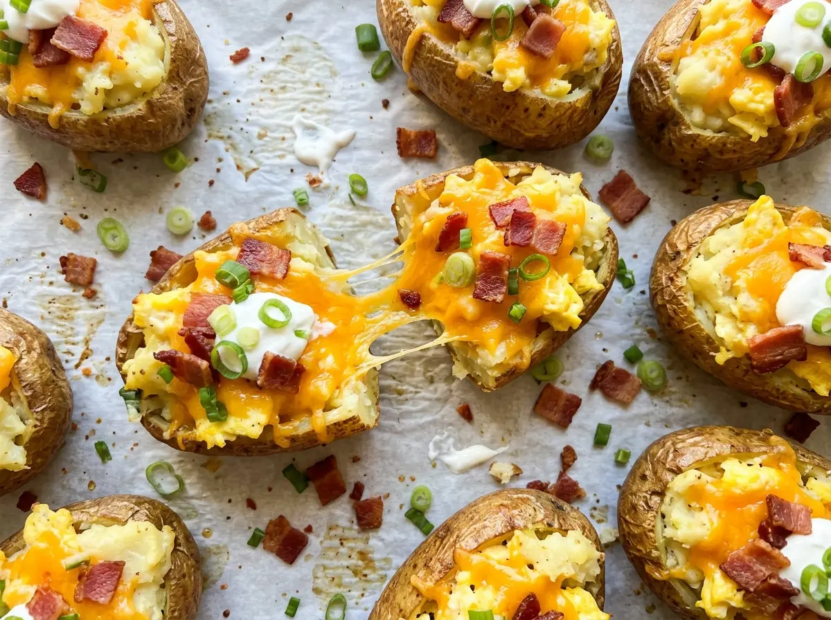 Twice Baked Loaded Breakfast Potatoes with bacon and cheddar