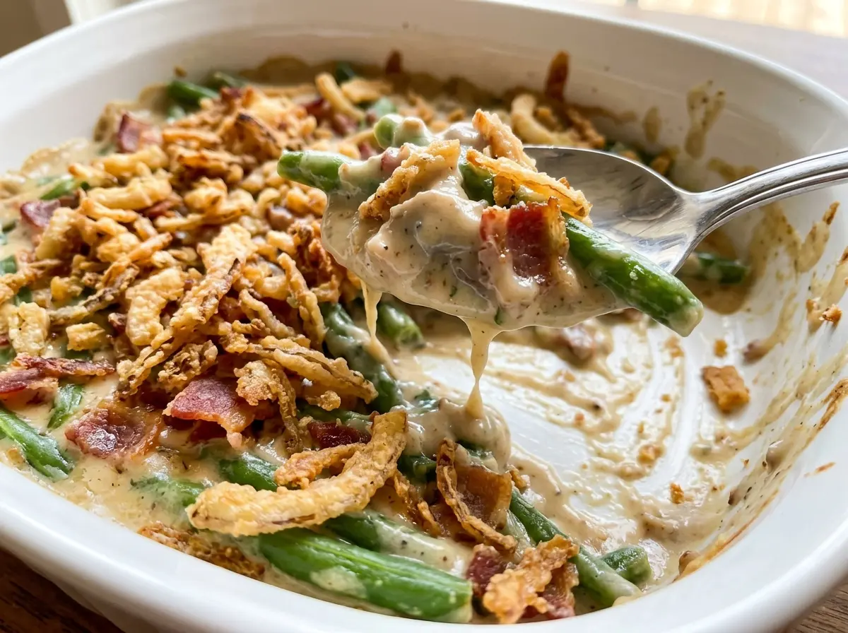 Ultimate Green Bean Casserole with Bacon, bubbling and golden