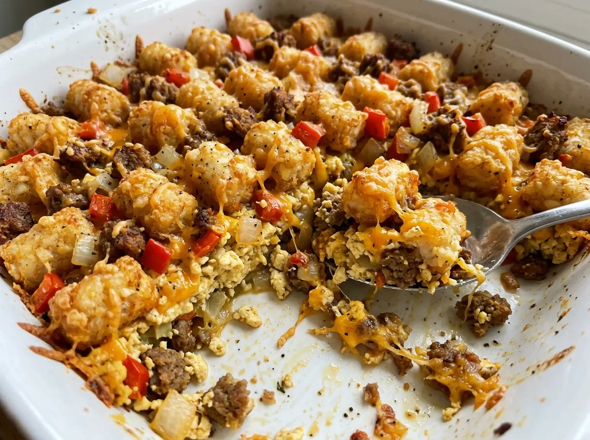 Vegan tater tot breakfast casserole golden top