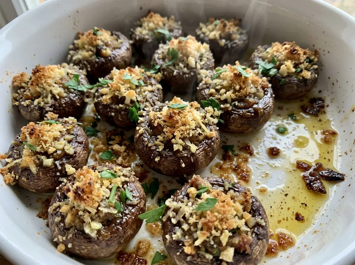 Vegetarian stuffed mushrooms crisp browned tops