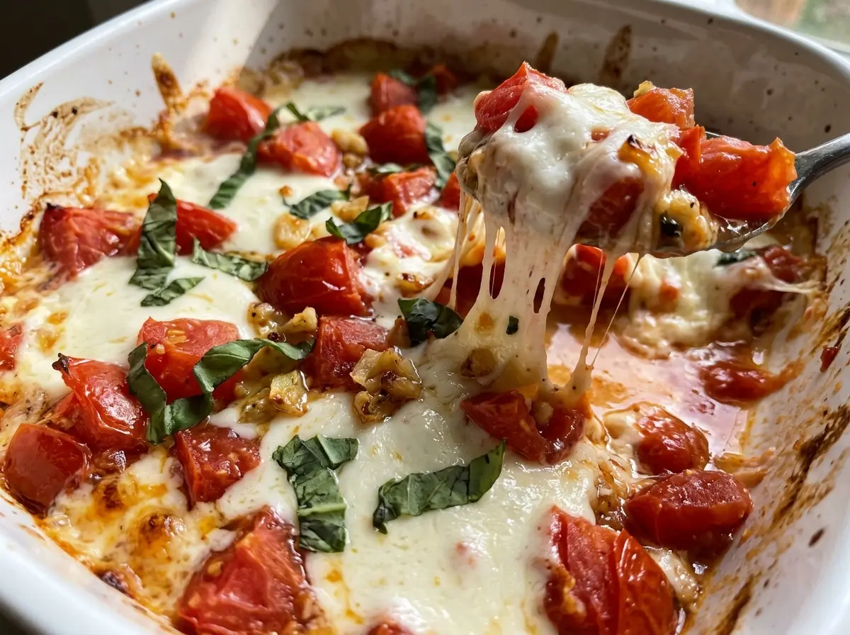 Warm Baked Bruschetta Dip bubbling tomato